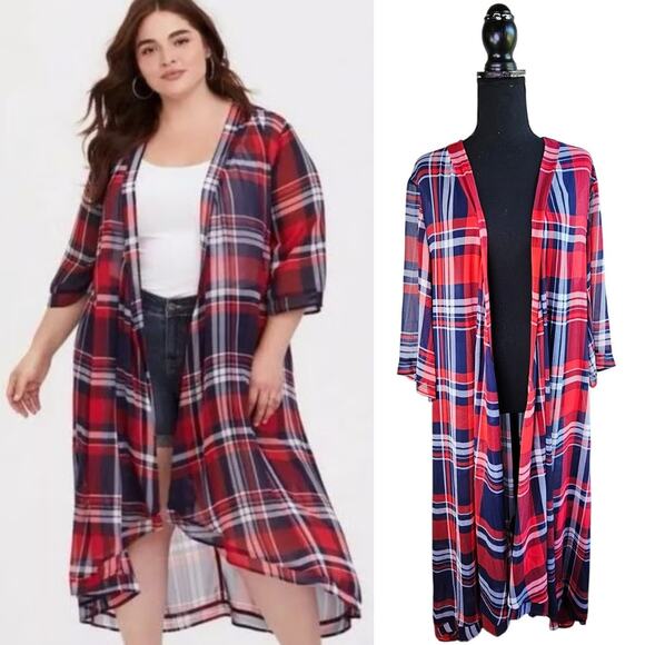 New TORRID Chiffon Red Plaid high-lo Duster Kimono Cardigan Plus Size 1/2 1x 2x - Picture 1 of 14